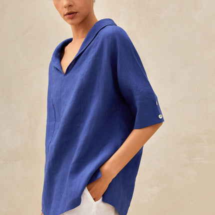 Women’s Airy Linen V-Neck Shirt | Short Sleeve Casual Summer Top