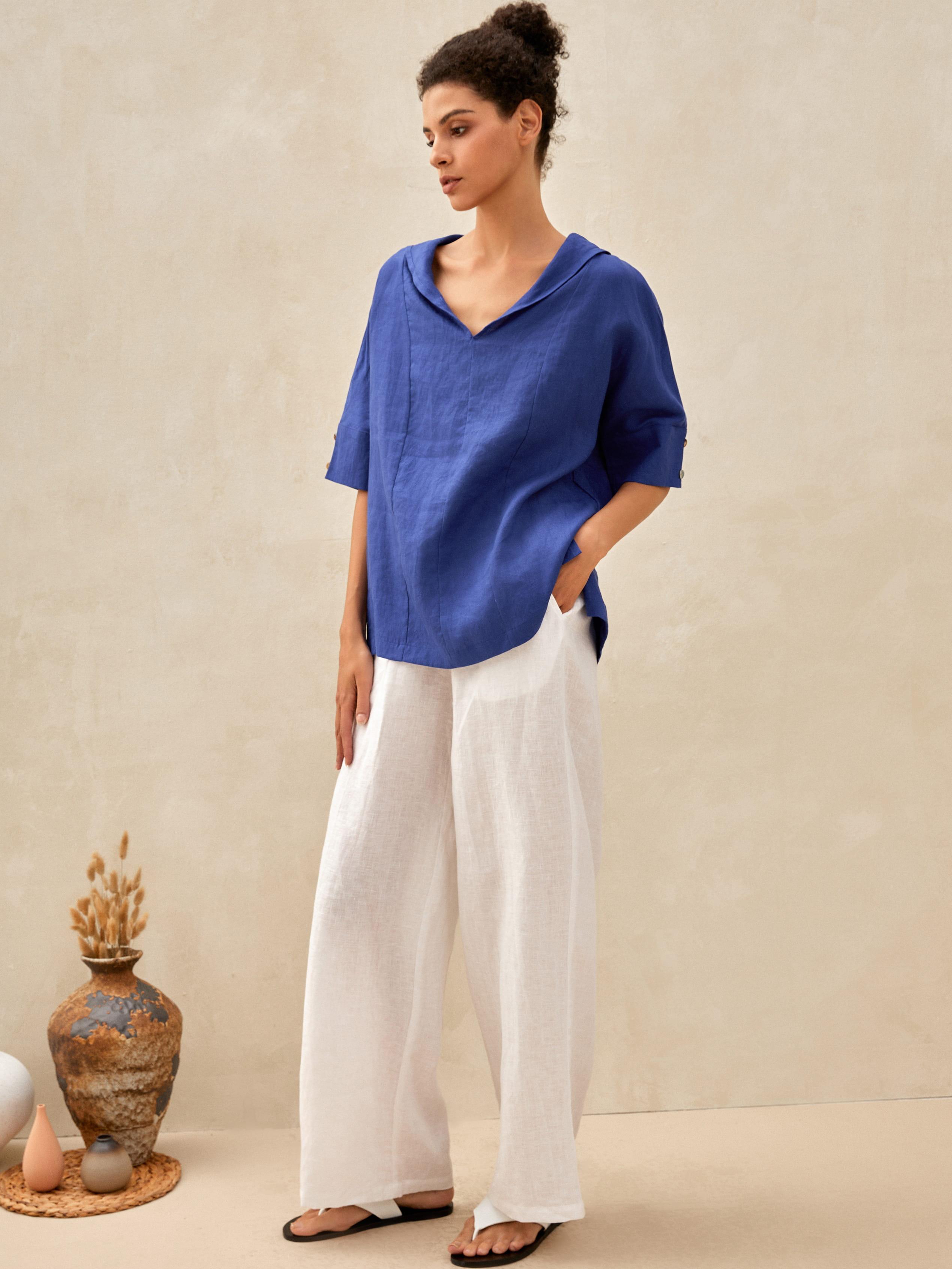 Chemise en lin aérée à col en V pour femmes | Haut d'été décontracté à manches courtes