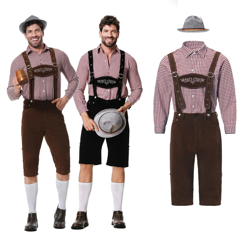 Tevako Lederhosen Kostuum Driedelig - Voor Heren met Geruit Overhemd en Hoed