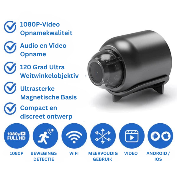 Mini caméra de sécurité – Moniteur Full HD compact avec objectif grand angle et alertes de mouvement intelligentes