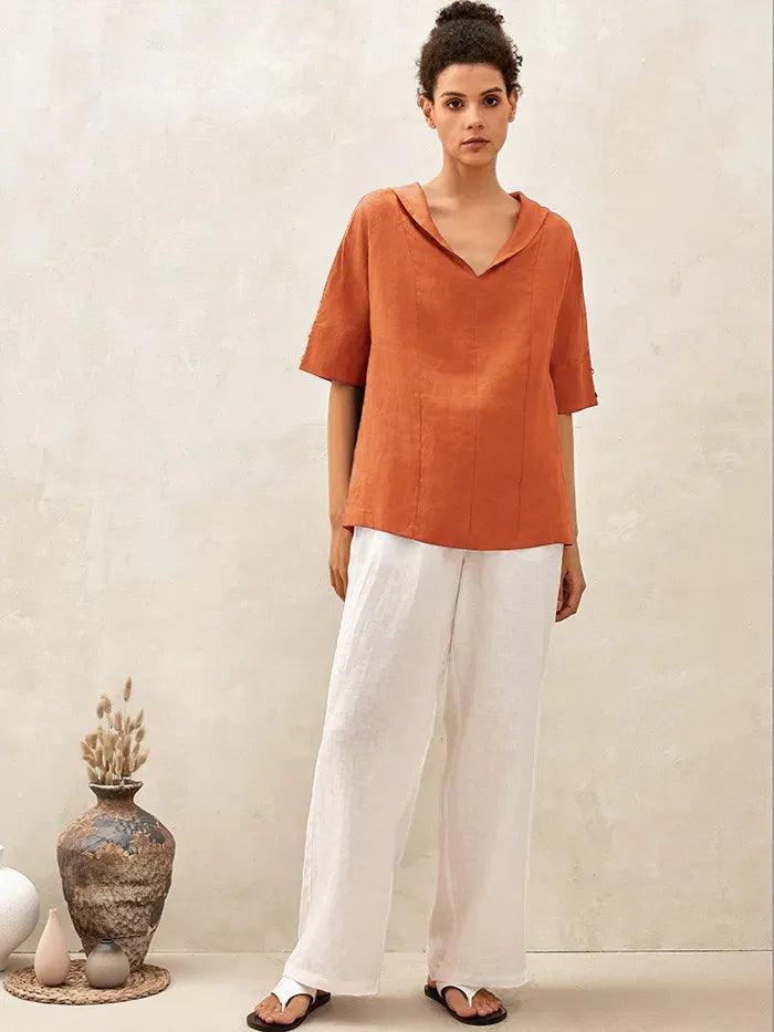 Chemise en lin aérée à col en V pour femmes | Haut d'été décontracté à manches courtes