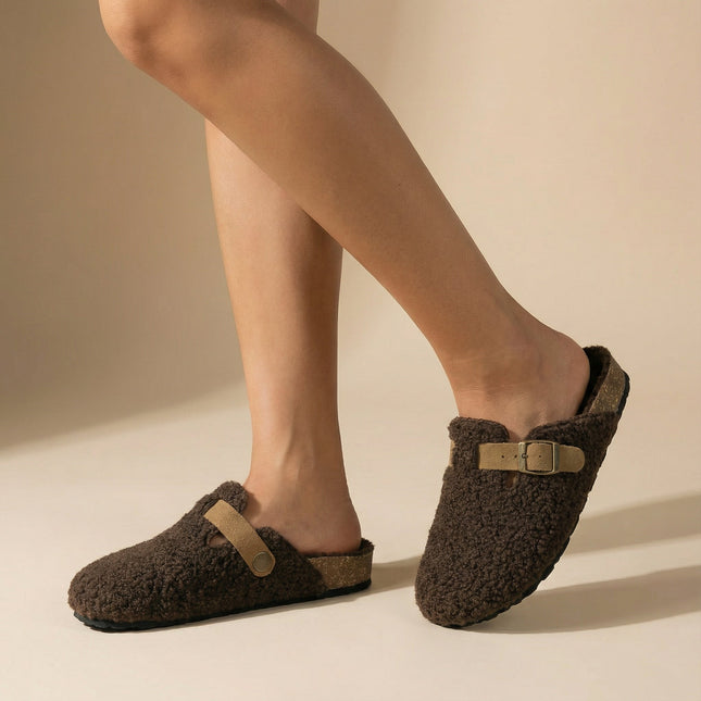 Women’s Teddy Slippers – Soft Mule Design, Adjustable Buckle & Supportive Sole