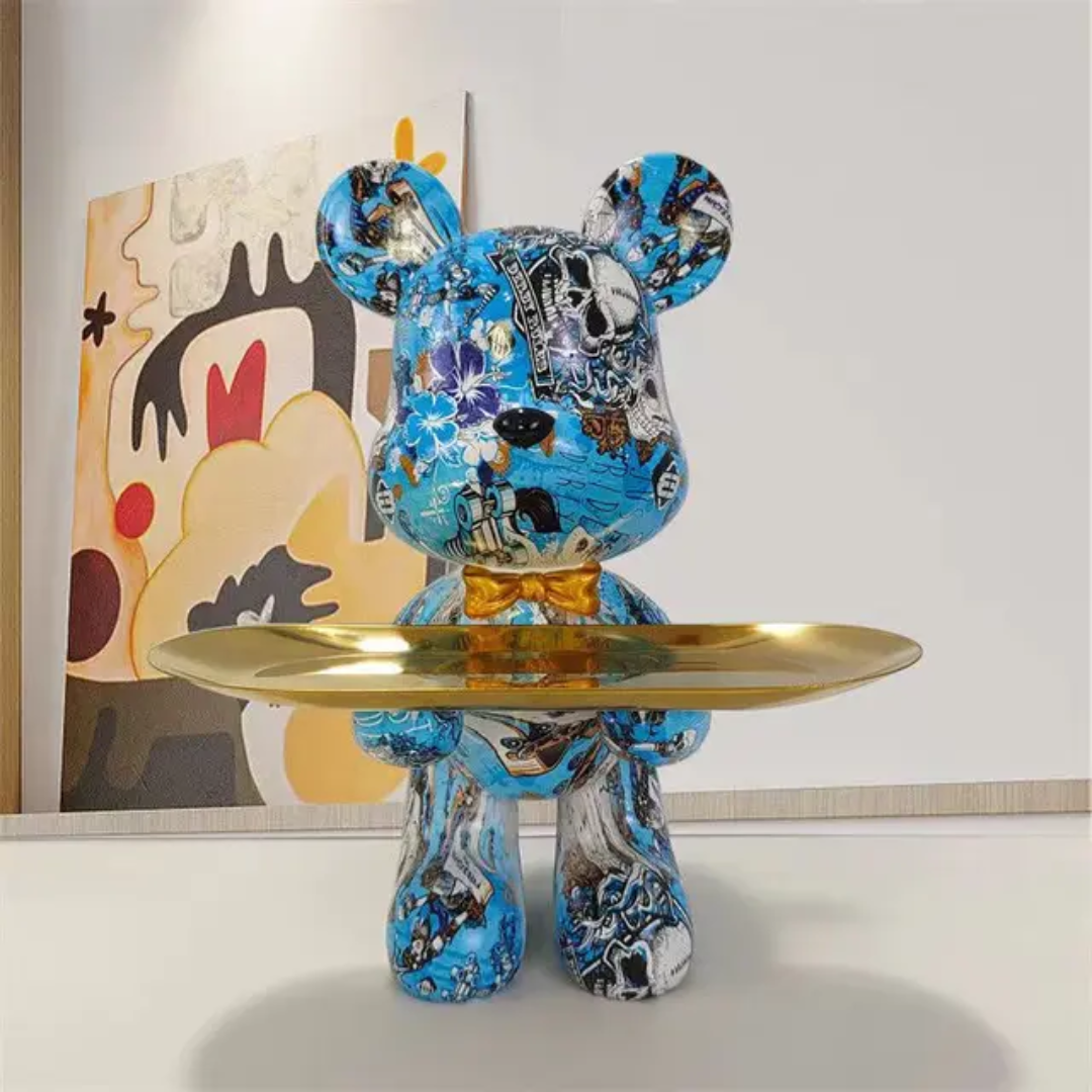 Figurine d’ours moderne bleue et dorée avec style décoratif luxueux pour intérieurs contemporains