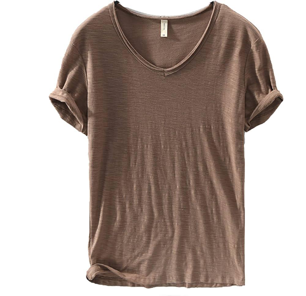 Men's V-Neck T-Shirt – Linen Cotton Blend with a Breathable Slim Fit