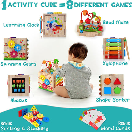 8-in-1 Montessori Activity Cube – Educational Wooden Toy for Toddlers from 18 Months