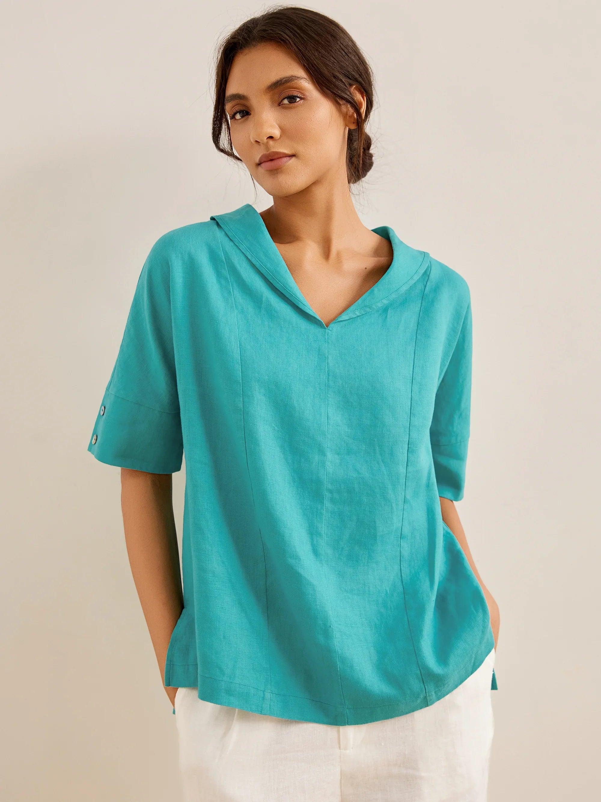 Chemise en lin aérée à col en V pour femmes | Haut d'été décontracté à manches courtes