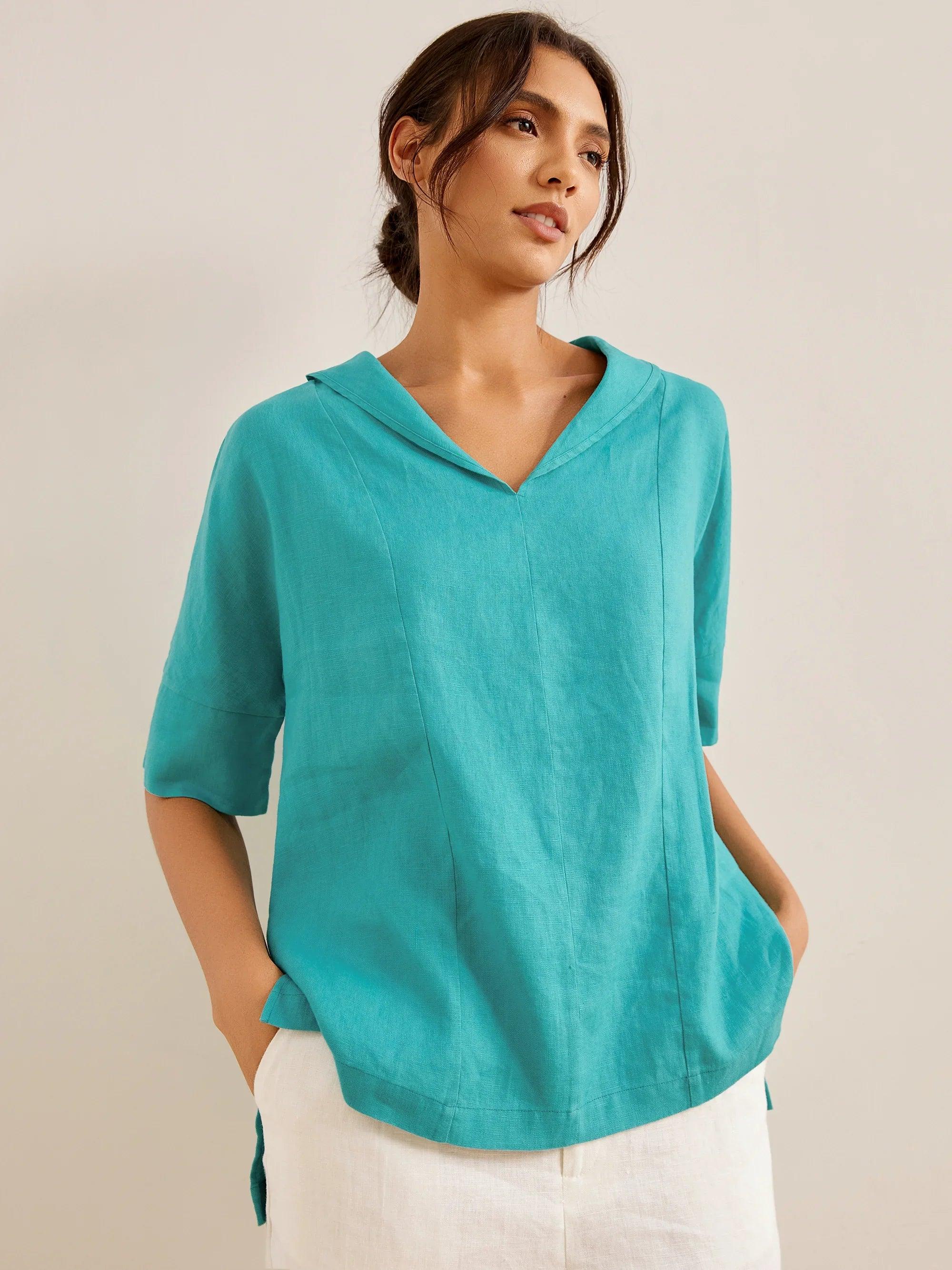 Chemise en lin aérée à col en V pour femmes | Haut d'été décontracté à manches courtes