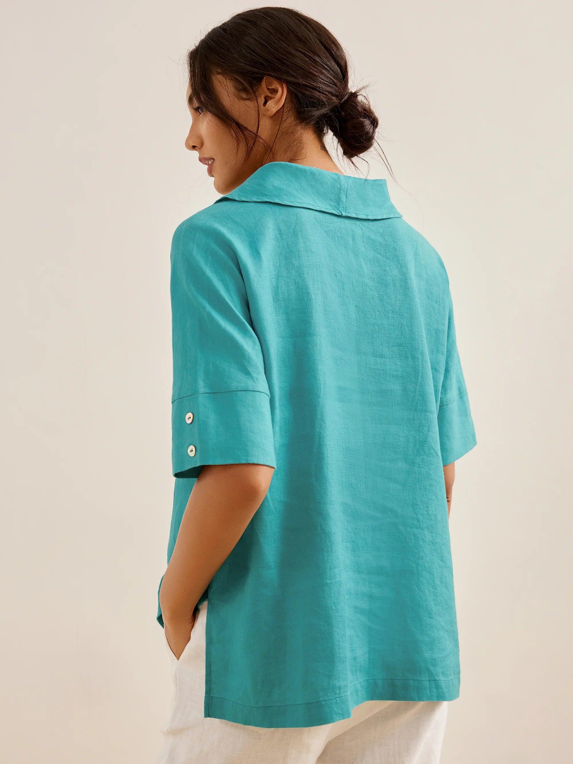 Chemise en lin aérée à col en V pour femmes | Haut d'été décontracté à manches courtes