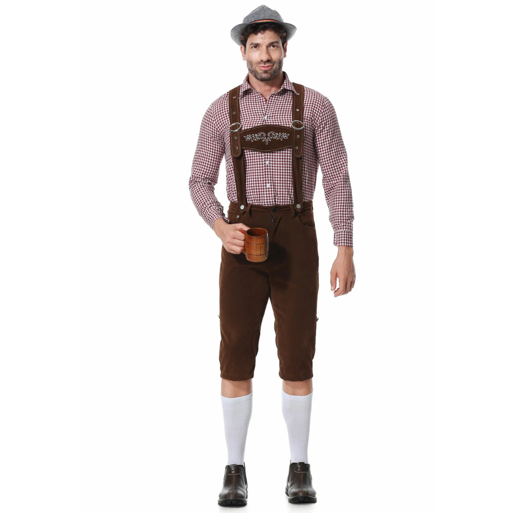 Tevako Lederhosen Kostuum Driedelig - Voor Heren met Geruit Overhemd en Hoed