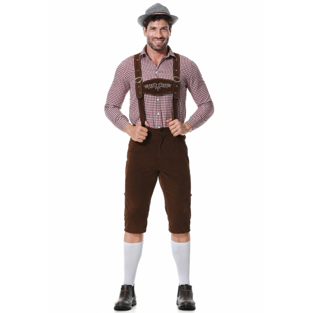 Tevako Lederhosen Kostuum Driedelig - Voor Heren met Geruit Overhemd en Hoed