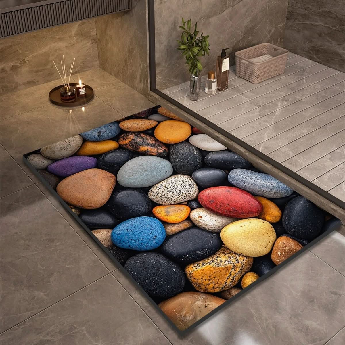 Tapis de salle de bain – Aspect pierre à séchage rapide, haute absorbance et base en caoutchouc antidérapante