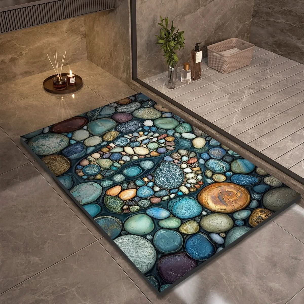 Tapis de salle de bain – Aspect pierre à séchage rapide, haute absorbance et base en caoutchouc antidérapante