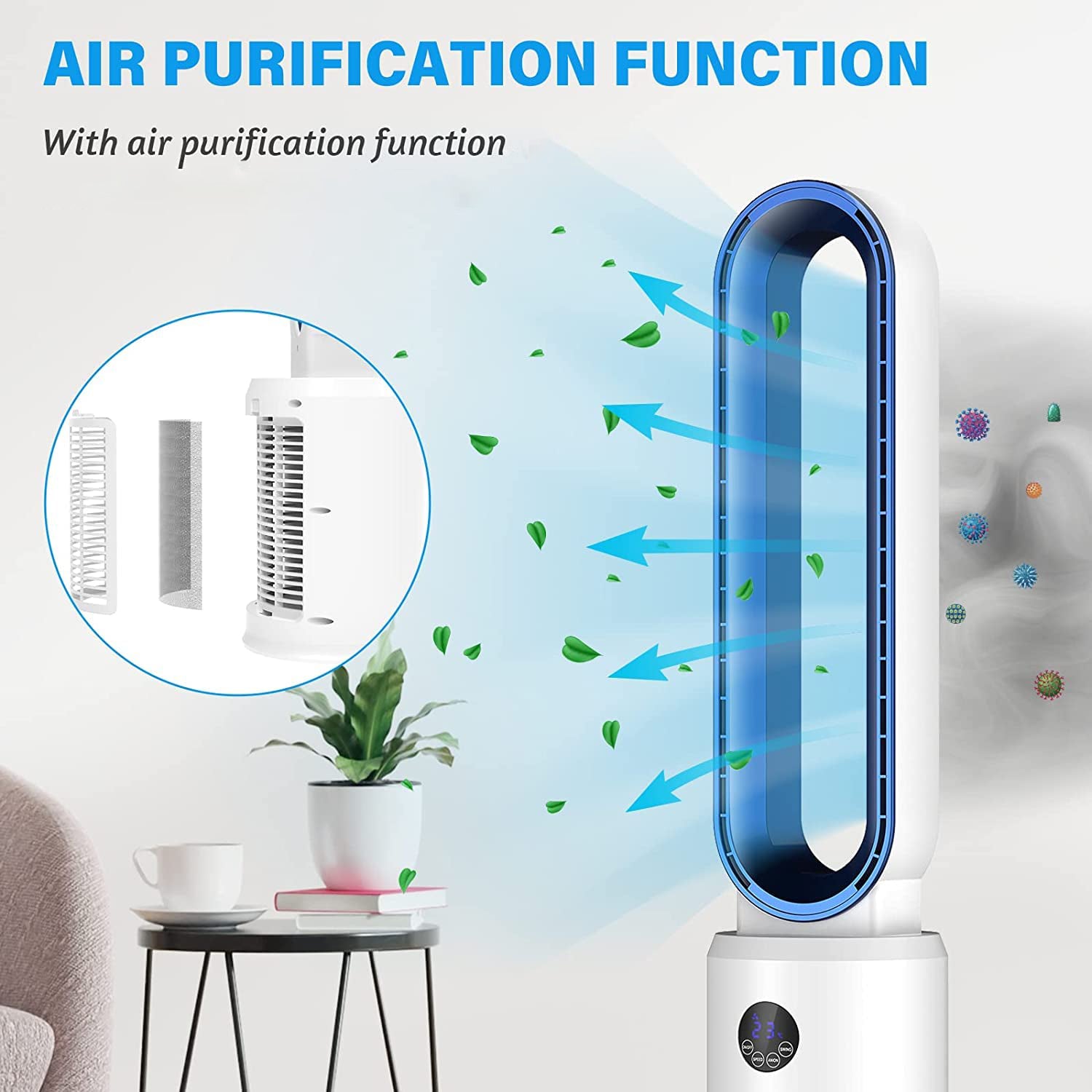 Bladeless Tower Fan with Remote, 24 Speeds, Air Purifier & 12H Timer 7