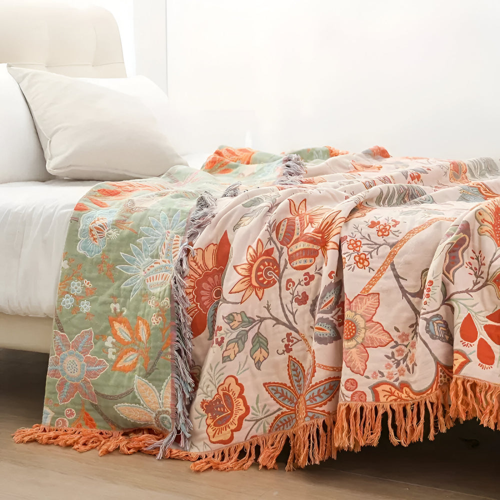 Blanket Throw Floral Boho Fringe Design 1