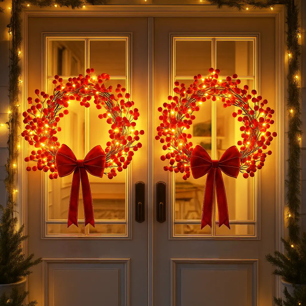 Lighted Holly Berry Wreath – Red Berries with Warm Fairy Lights for Door or Wall