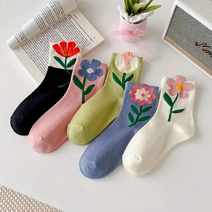 Bloom Floral Socks Set – Premium Cotton Blend, Mid-Calf Length, 5 Pairs 1