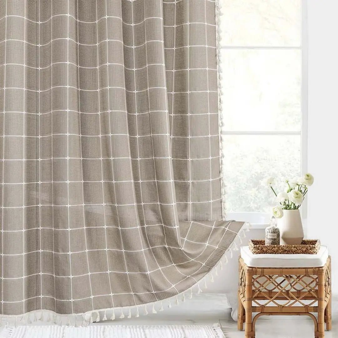 Bohemian Linen Shower Curtain with Waterproof Coating and Tassels, Includes Curtain Hooks 0