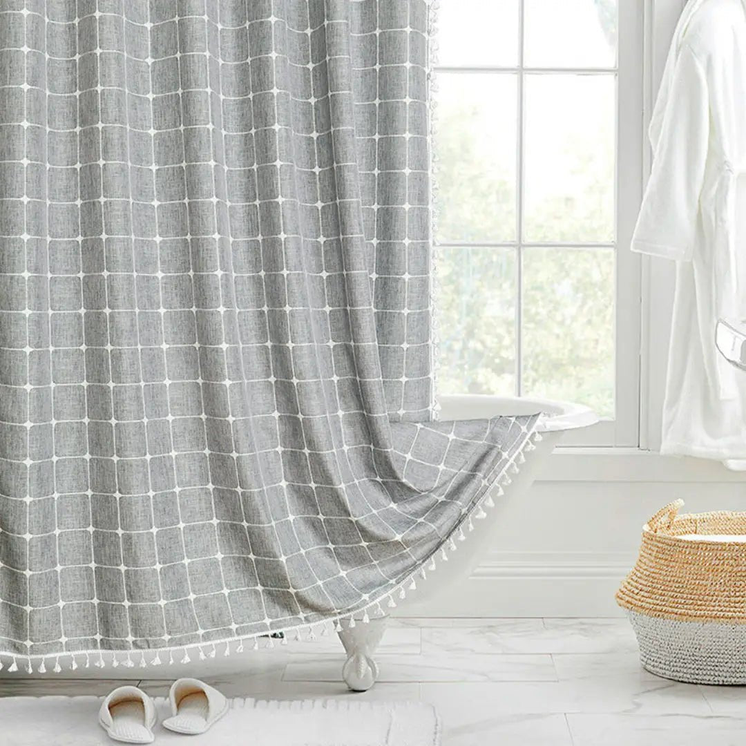 Bohemian Linen Shower Curtain with Waterproof Coating and Tassels, Includes Curtain Hooks 2