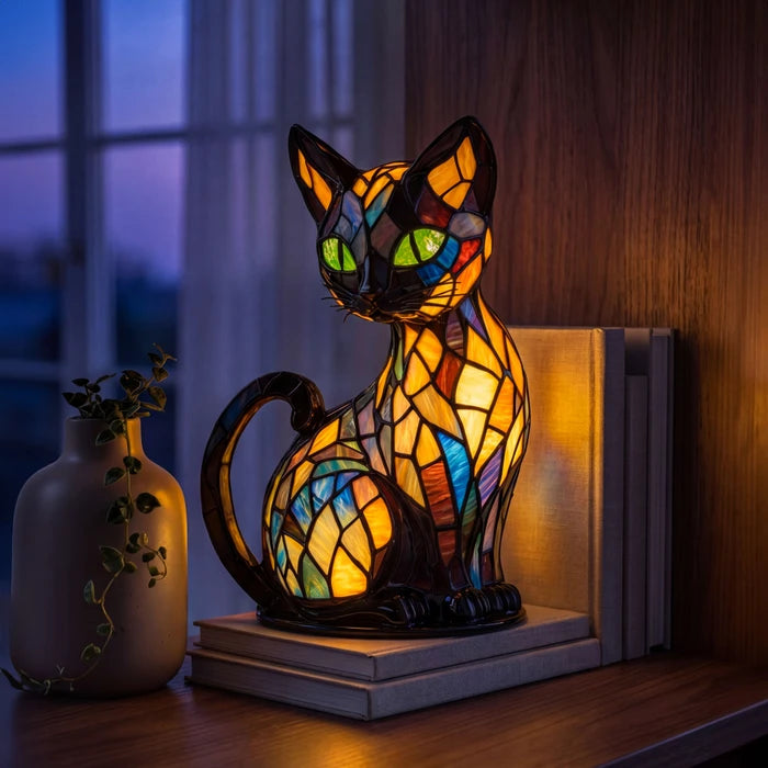 Stained Glass Cat Lamp – Decorative Table Light with a Warm Multicolor Glow