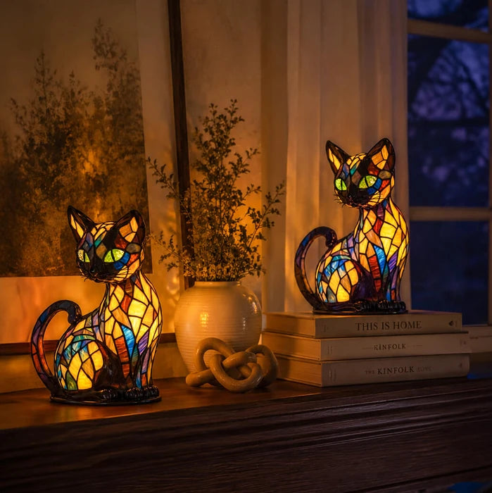 Stained Glass Cat Lamp – Decorative Table Light with a Warm Multicolor Glow