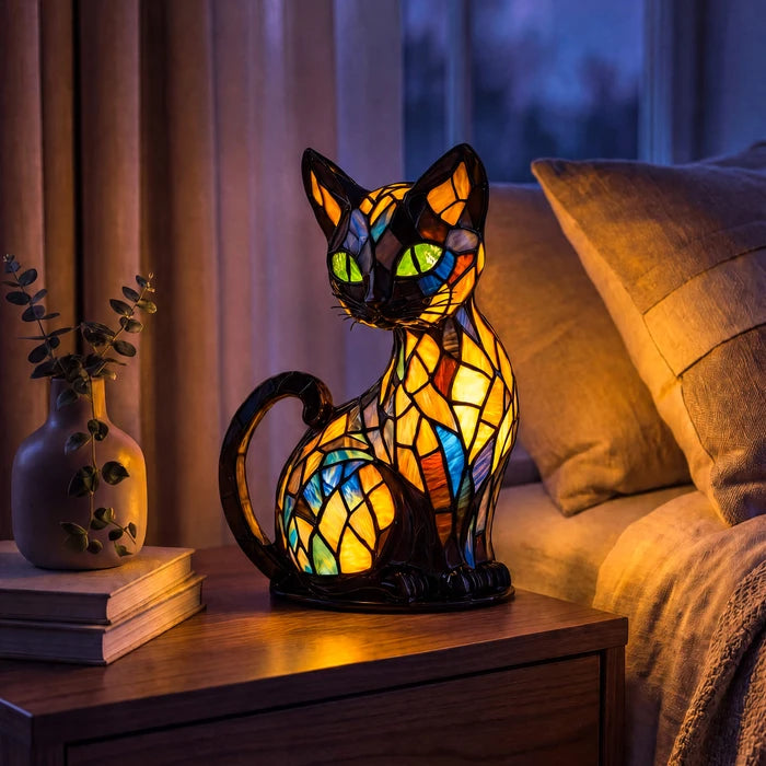 Stained Glass Cat Lamp – Decorative Table Light with a Warm Multicolor Glow