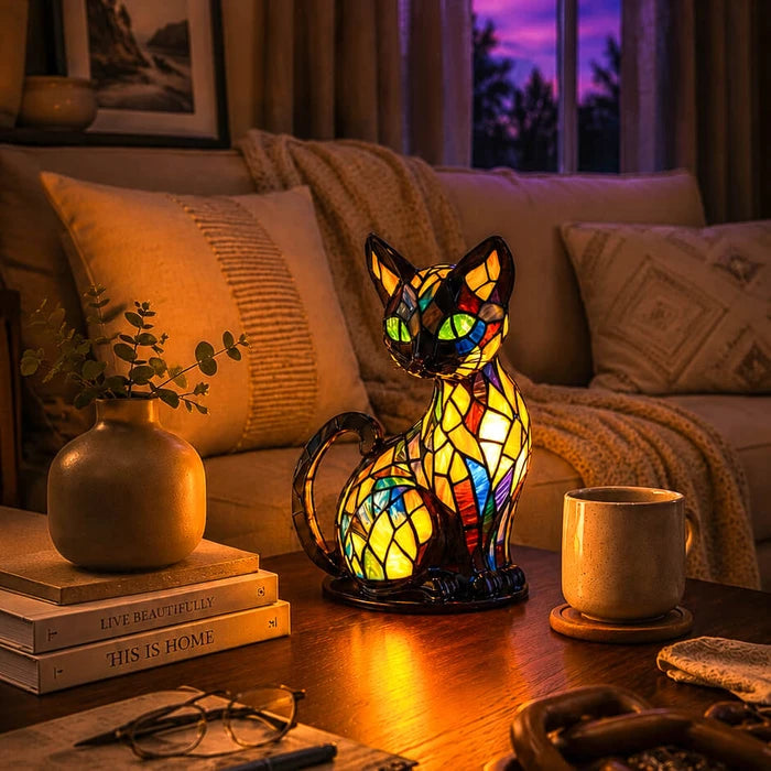 Stained Glass Cat Lamp – Decorative Table Light with a Warm Multicolor Glow