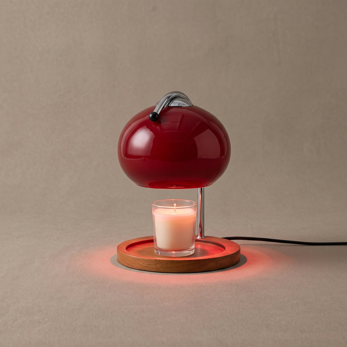 Candle Warmer Lamp with Amber Red Glass Dome & Wood Valet Tray Base 0