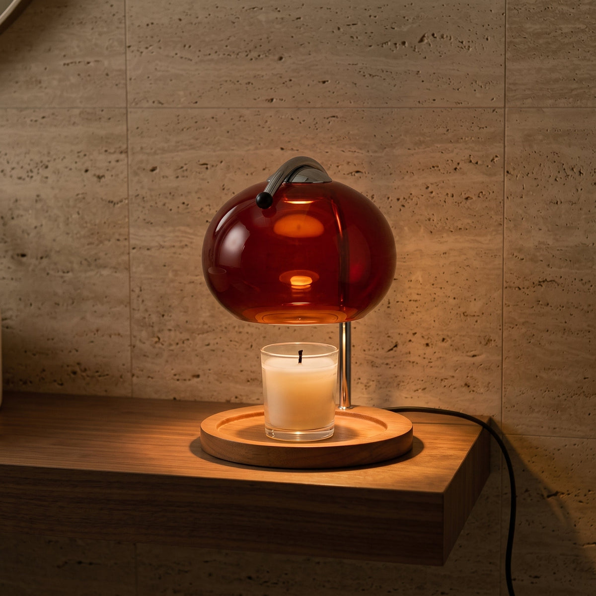 Candle Warmer Lamp with Amber Red Glass Dome & Wood Valet Tray Base 1
