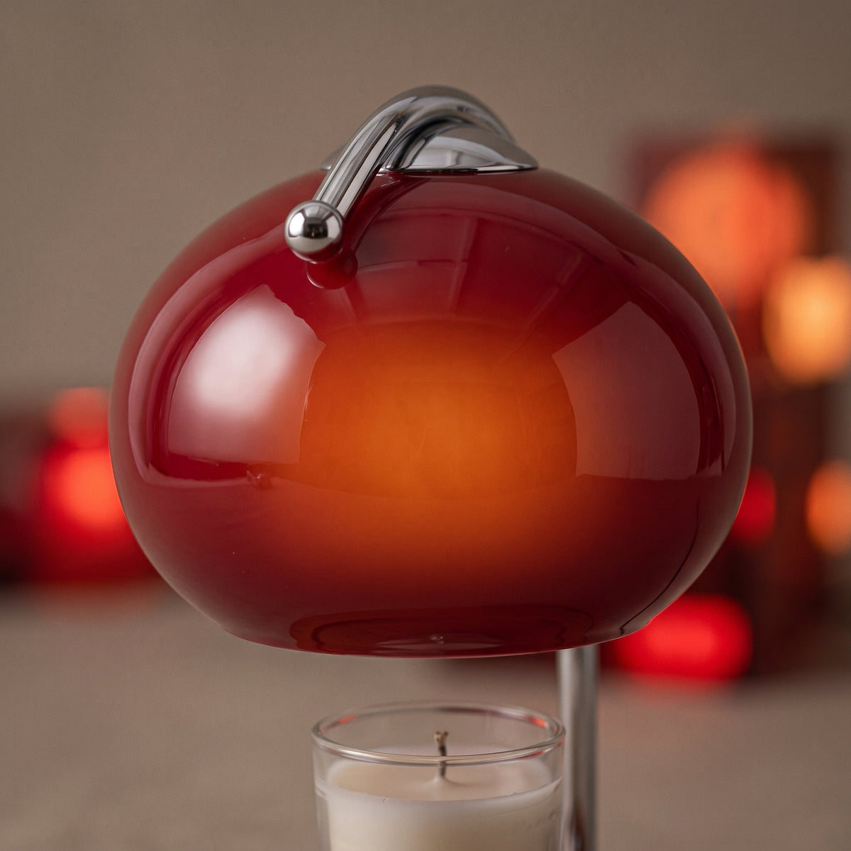 Candle Warmer Lamp with Amber Red Glass Dome & Wood Valet Tray Base 3