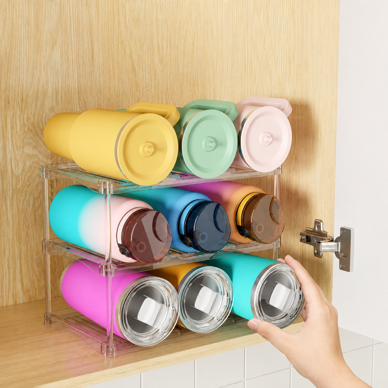 Water Bottle Organizer – 3-Tier Stackable Rack for Tumblers and Large Bottles