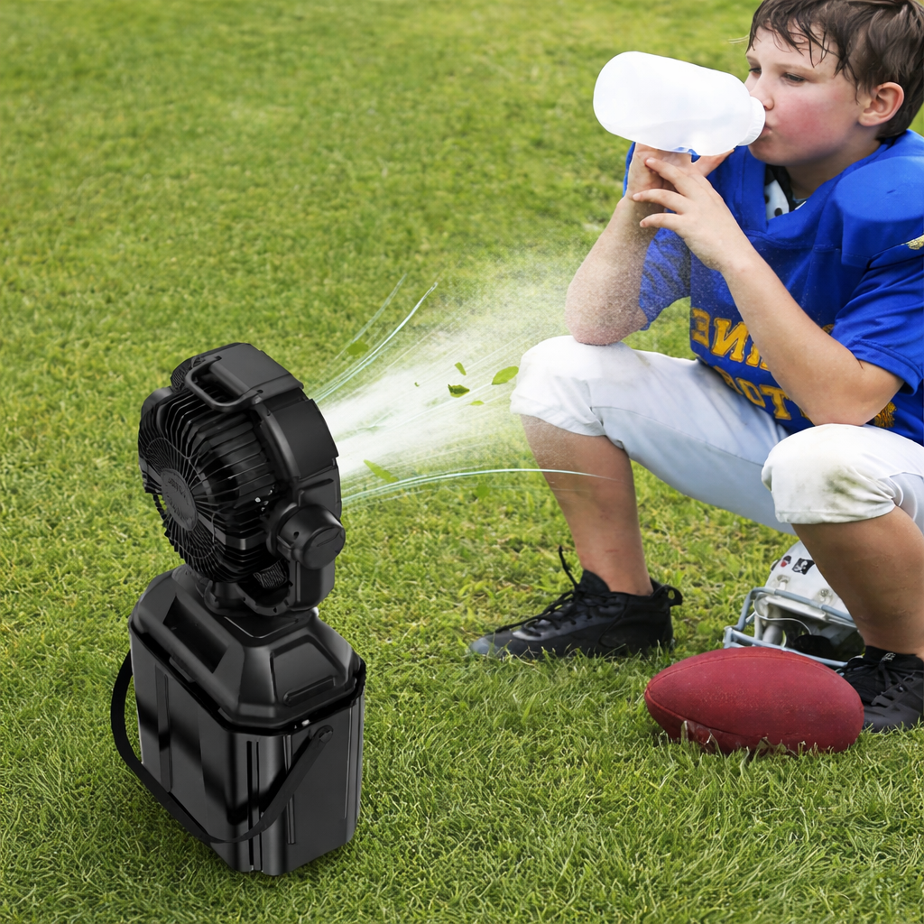 Camping Fan – 4-in-1 Portable Mist Fan with 6L Bucket and Long Cooling Range