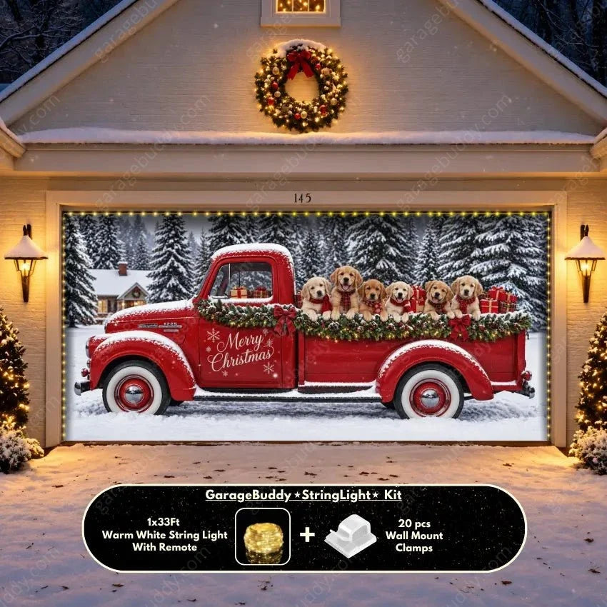 Christmas Garage Door Cover with Festive Dogs and Red Truck Design 12