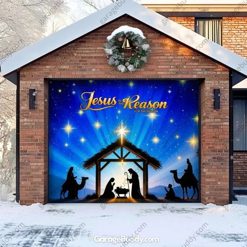 Christmas Garage Door Cover with Jesus Is the Reason Nativity Scene Glow Design 0