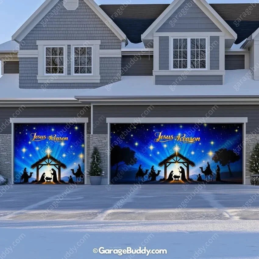 Christmas Garage Door Cover with Jesus Is the Reason Nativity Scene Glow Design 11