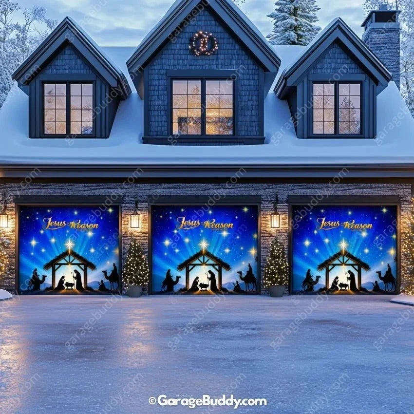 Christmas Garage Door Cover with Jesus Is the Reason Nativity Scene Glow Design 14