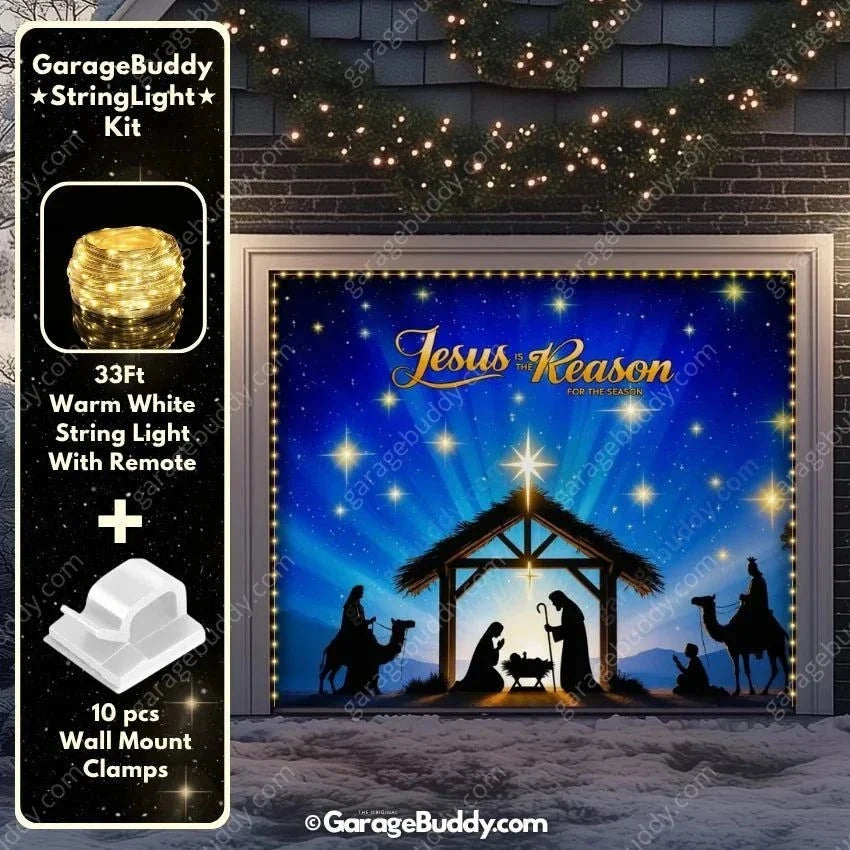 Christmas Garage Door Cover with Jesus Is the Reason Nativity Scene Glow Design 6