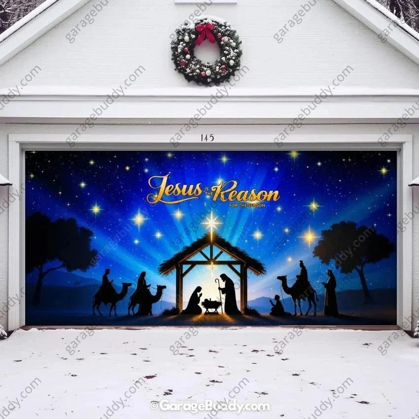 Christmas Garage Door Cover with Jesus Is the Reason Nativity Scene Glow Design 7
