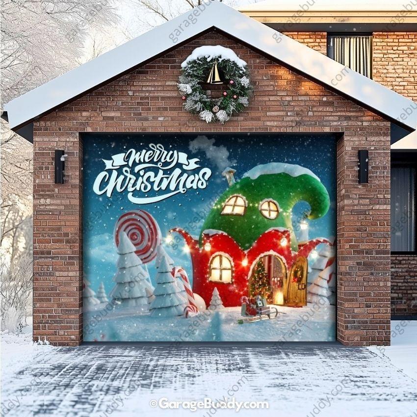 Christmas Garage Door Cover with Red Ornaments and Holiday Greeting, Fits Standard Doors 8