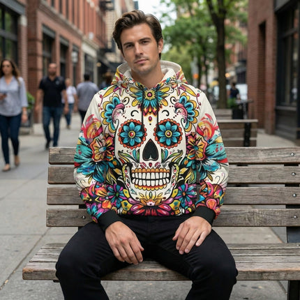 Floral Skull Hoodie – Full-Print Graphic Pullover with Midweight Comfort