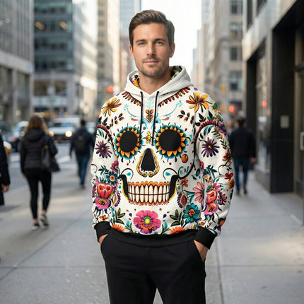 Floral Skull Hoodie – Full-Print Graphic Pullover with Midweight Comfort