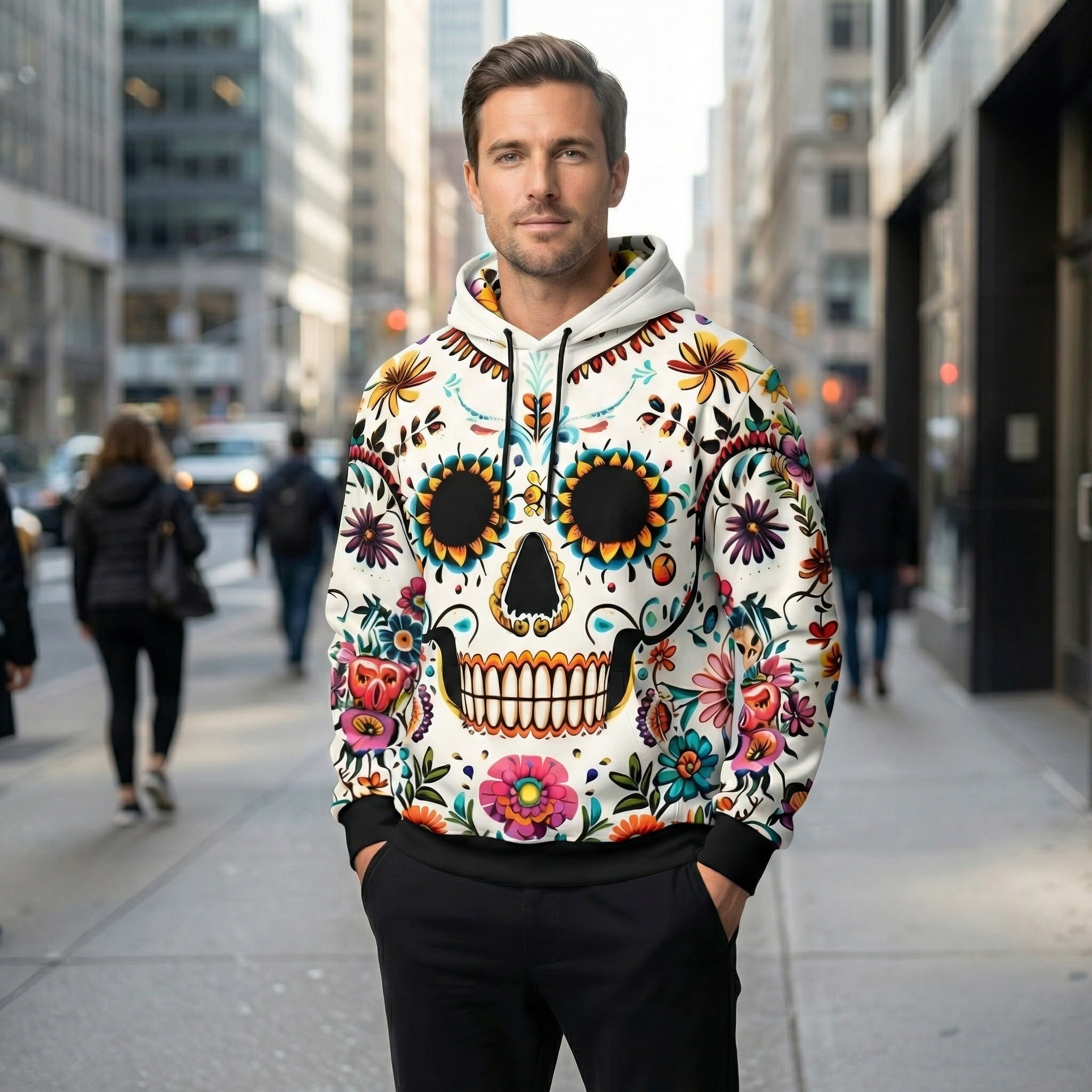 Floral Skull Hoodie – Full-Print Graphic Pullover with Midweight Comfort