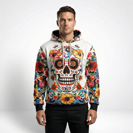 Floral Skull Hoodie – Full-Print Graphic Pullover with Midweight Comfort
