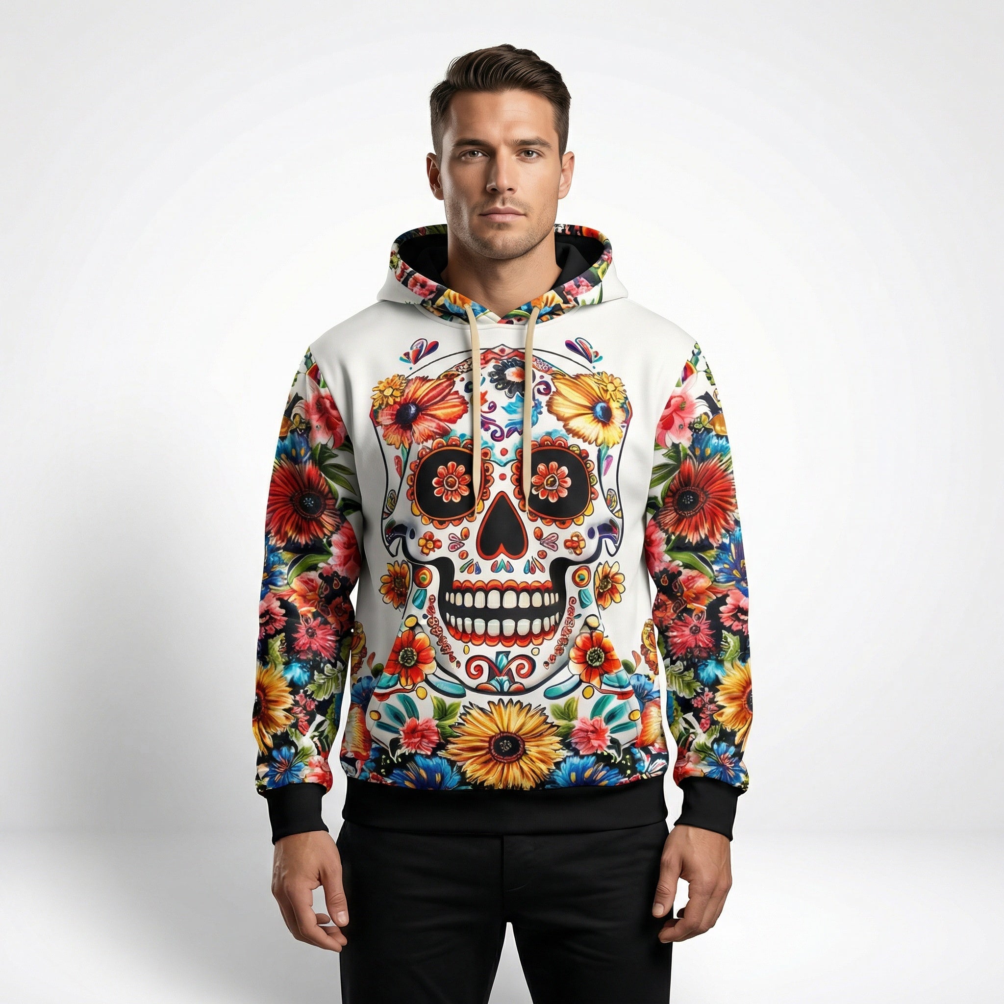 Floral Skull Hoodie – Full-Print Graphic Pullover with Midweight Comfort