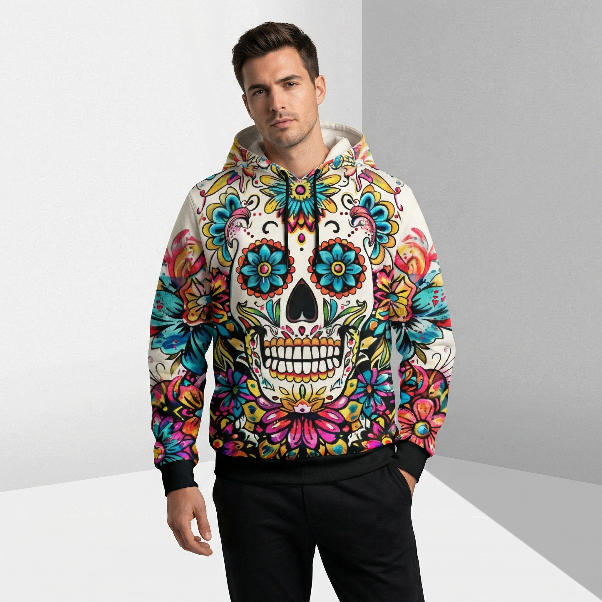 Floral Skull Hoodie – Full-Print Graphic Pullover with Midweight Comfort