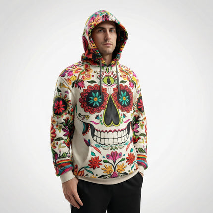 Floral Skull Hoodie – Full-Print Graphic Pullover with Midweight Comfort