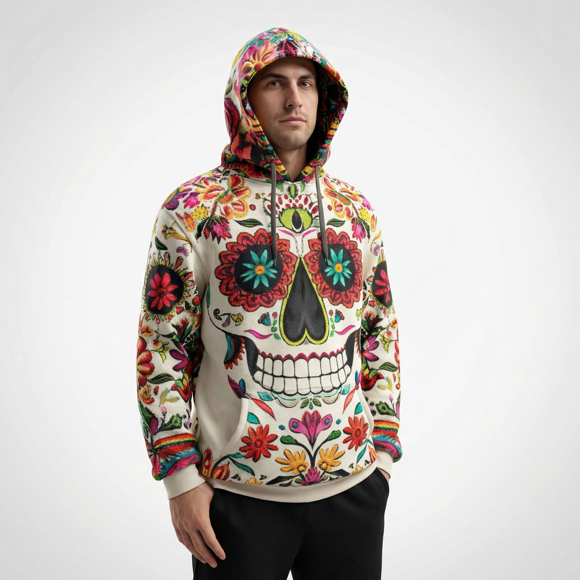 Floral Skull Hoodie – Full-Print Graphic Pullover with Midweight Comfort