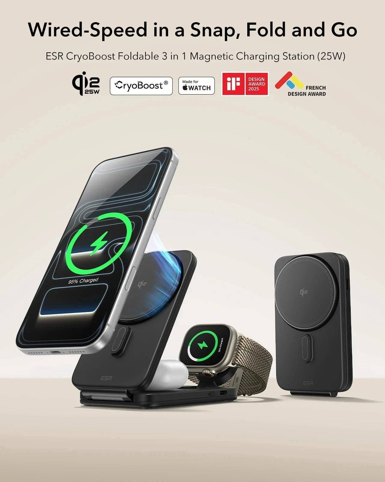 CryoBoost Foldable 3-in-1 Magnetic Charging Station  (25W) – US Plug-Black 3