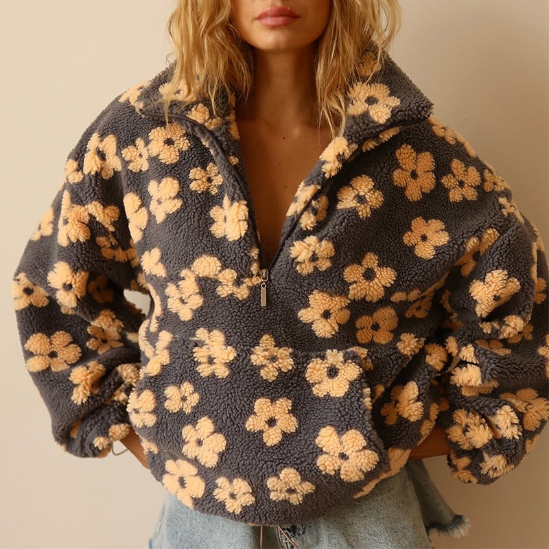 Dames Sherpa Trui met Bloemenprint – Zachte Boho Fleece voor Herfst & Winter 0