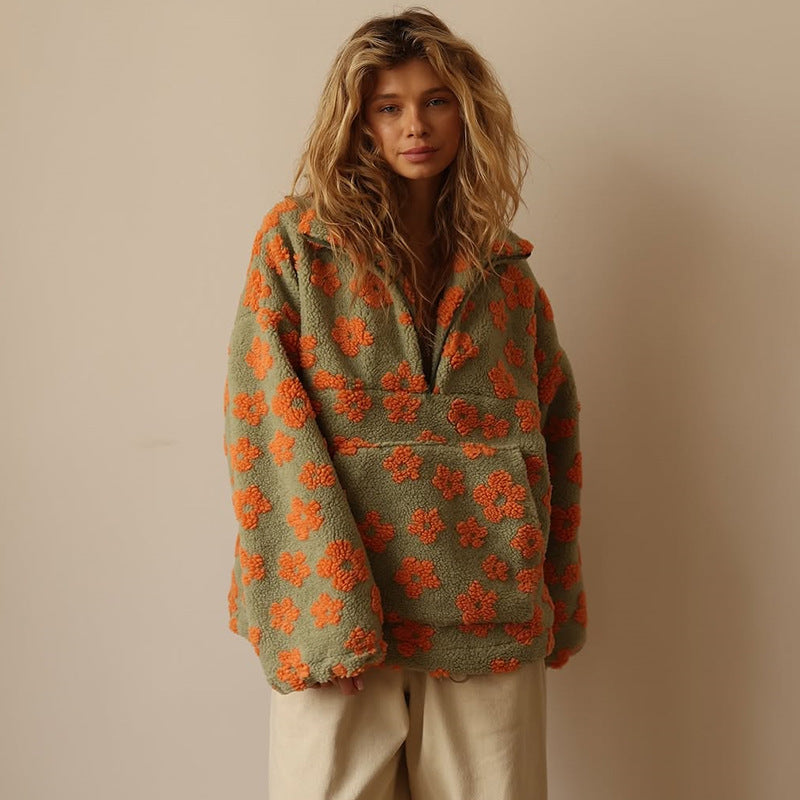 Dames Sherpa Trui met Bloemenprint – Zachte Boho Fleece voor Herfst & Winter 2