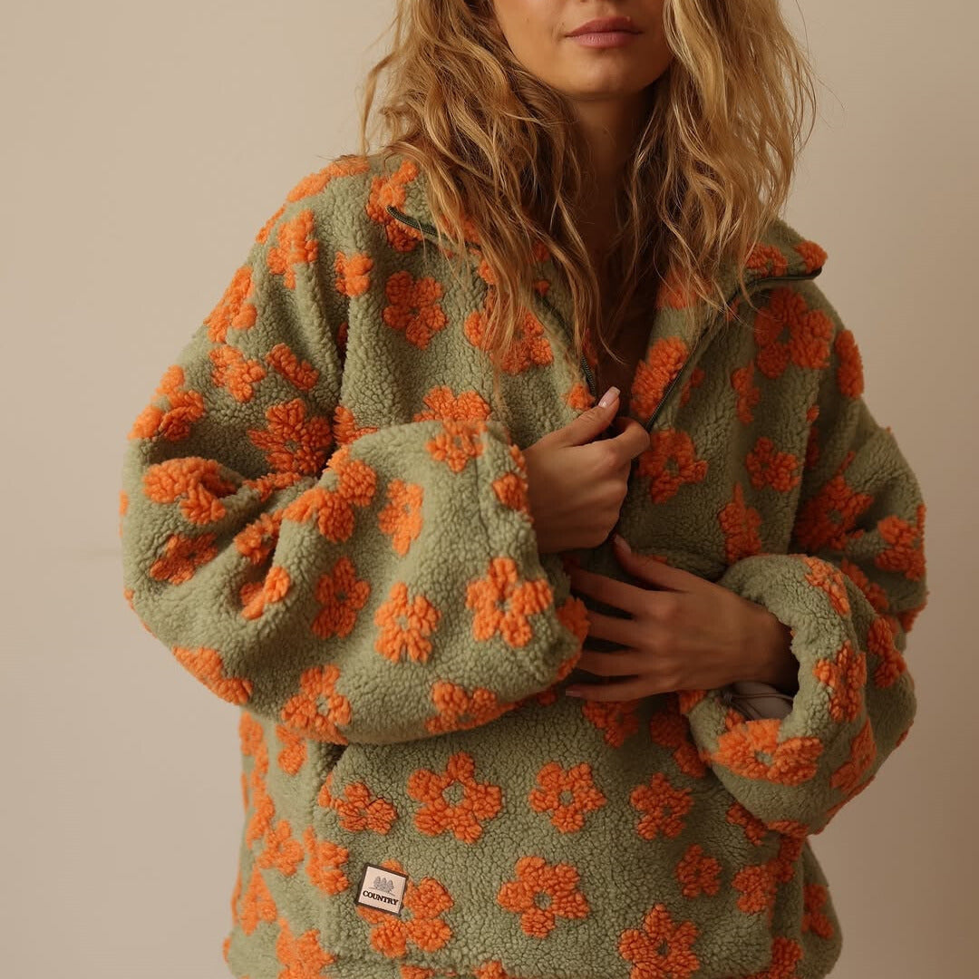 Dames Sherpa Trui met Bloemenprint – Zachte Boho Fleece voor Herfst & Winter 3